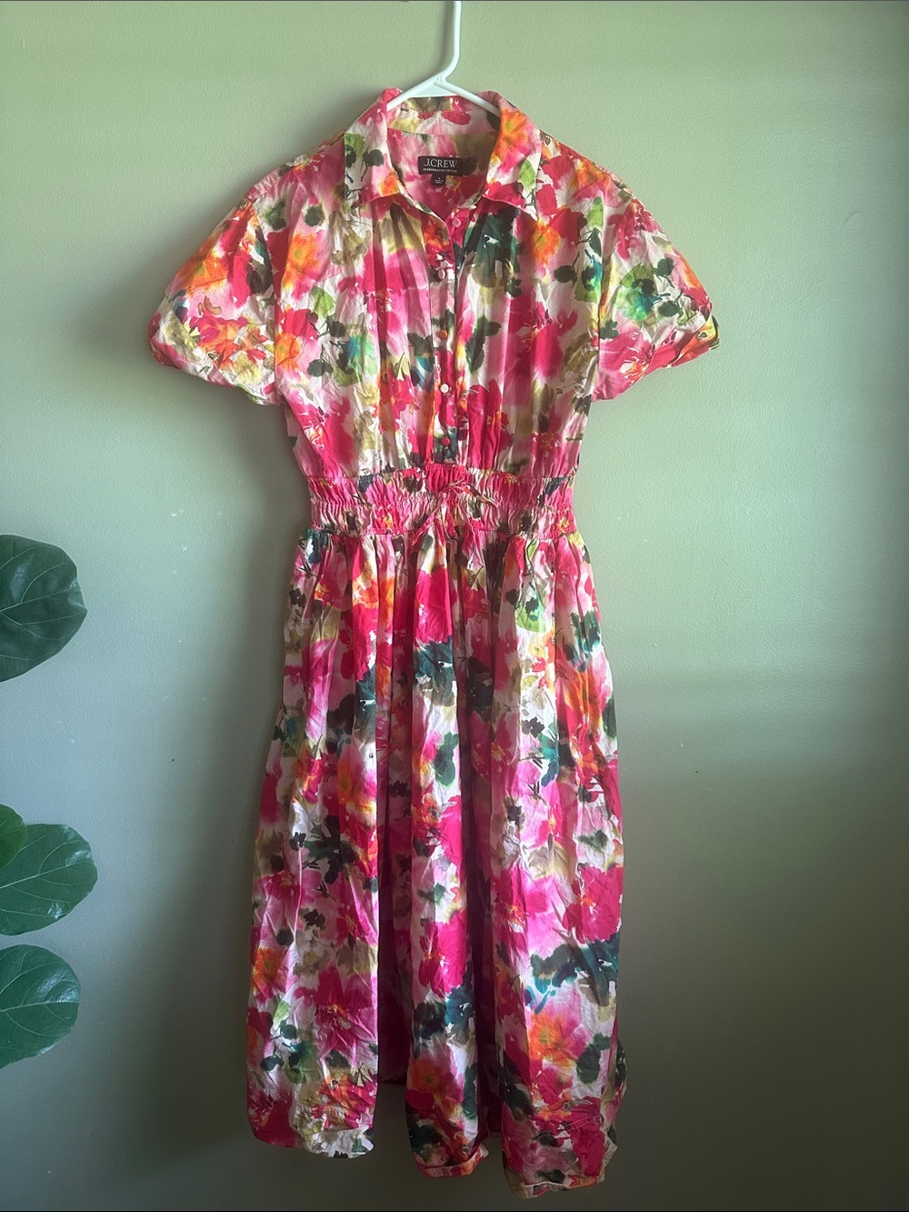 J. Crew Vibrant Pink Multicolor Floral Midi Shirtdress